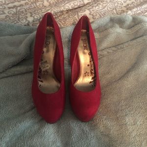 Red suede platform heels